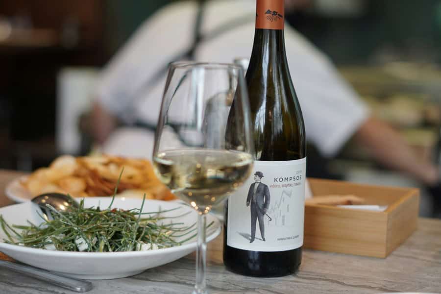 Food and wine at a Greek restaurant.
